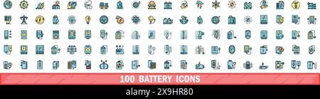 100 icônes de batterie définies. Ensemble de lignes de couleur d'icônes vectorielles de batterie couleur de ligne mince plat sur blanc Illustration de Vecteur