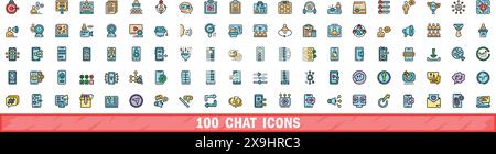 100 icônes de chat définies. Ensemble de lignes de couleur d'icônes vectorielles de chat couleur de ligne mince plat sur blanc Illustration de Vecteur