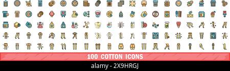 100 icônes de coton ensemble. Ensemble de ligne de couleur d'icônes vectorielles de coton couleur de ligne mince plat sur blanc Illustration de Vecteur