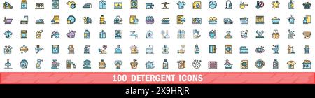 100 icônes de détergent définies. Ensemble de lignes de couleur d'icônes vectorielles de détergent couleur de ligne mince plat sur blanc Illustration de Vecteur