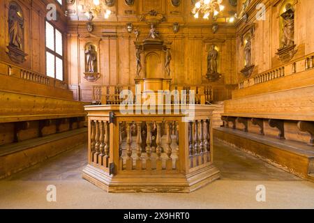 Le théâtre anatomique dans l'Archiginnasio de Bologne, Italie. Banque D'Images