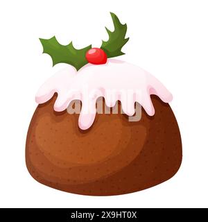 Pudding traditionnel, gâteau de Noël dessert d'hiver, pâtisserie à la crème, glaçage et décoration, texturé et détaillé isolé sur fond blanc. Illustration vectorielle Illustration de Vecteur