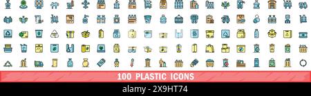 jeu de 100 icônes en plastique. Ensemble de lignes de couleur d'icônes vectorielles en plastique couleur de ligne mince plat sur blanc Illustration de Vecteur