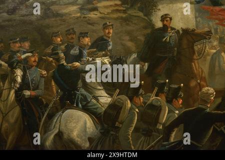 Unification italienne. Seconde guerre d'indépendance italienne ou guerre franco-autrichienne, 1859. Bataille de Palestro (30-31 mai 1859). Les troupes autrichiennes ont été vaincues par une armée piémontaise et française combinée sous Victor Emmanuel Ier 'bataille de Palestro (31 mai, 1859)'. Tableau de Raffaele Pontremoli (1832-1905). Huile sur toile, 1860. Détail. Musée du Risorgimento. Milan. Italie. (En prêt, MIBAC Soprintendenza belle Arti e Paesaggio, Milan). Auteur : Raffaele Pontremoli (1832-1906). Peintre italien. Banque D'Images