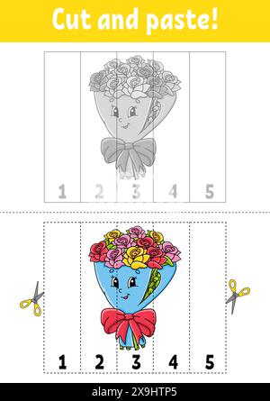 Apprendre les chiffres 1 à 5. Couper et coller. personnage de dessin animé. Feuille de travail de développement de l'éducation. Jeu pour enfants. Page activité. Illustration vectorielle. Illustration de Vecteur