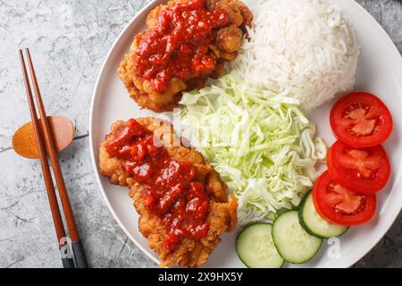 Ayam geprek poulet croustillant écrasé dans Sambal servi avec du riz blanc, concombre, tomate et chou gros plan sur l'assiette sur la table. Haut horizontal vi Banque D'Images