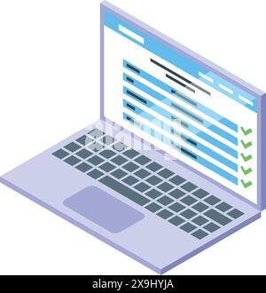 Illustration isométrique d'un ordinateur portable ouvert affichant des listes de contrôle, impliquant productivité et organisation Illustration de Vecteur