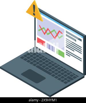 illustration isométrique 3d d'un ordinateur portable ouvert affichant des graphiques avec un symbole de drapeau d'avertissement Illustration de Vecteur