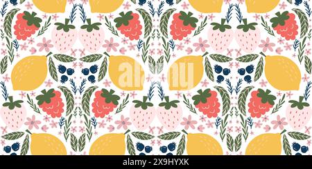 Motif sans couture ludique avec fraises blanches, framboises, citrons, bleuets, fleurs roses, et feuilles vertes dans un style vectoriel organique avec des couleurs plates. Arrangement en forme de diamant, parfait pour les textiles, l'emballage et la décoration. Illustration de Vecteur