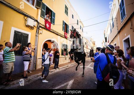 Chevaux dansants, Caragol de Santa Clara, festival de Sant Joan. Ciutadella. Minorque, Îles Baléares, Espagne. Banque D'Images