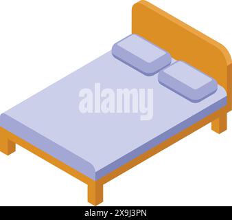 Illustration de lit double isométrique moderne avec graphique vectoriel coloré pour le design d'intérieur. Cette chambre minimaliste et élégante est dotée d''une literie violette et jaune. Cadre de lit en bois. Oreillers Illustration de Vecteur