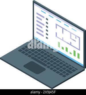 illustration isométrique 3d d'un ordinateur portable ouvert montrant des graphiques et une analyse de données à l'écran Illustration de Vecteur