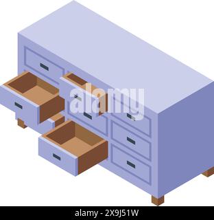 Illustration vectorielle d'une armoire de bureau isométrique avec plusieurs tiroirs ouverts, isolés sur blanc Illustration de Vecteur