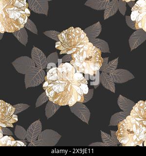 Motif demi-goutte de luxe sans couture avec des roses blanches et dorées et des feuilles grises sur noir. Idéal pour les textiles, les surfaces, les papiers peints, les papiers d'emballage, les tissus, tirages. Illustration de Vecteur