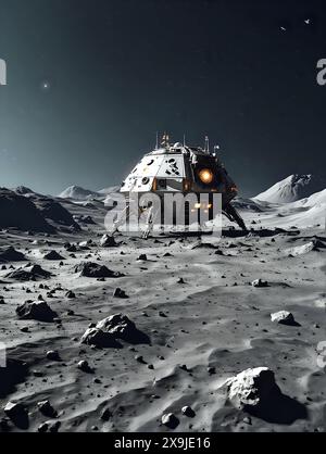 Atterrisseur lunaire sur une surface de lune rocheuse la nuit Banque D'Images