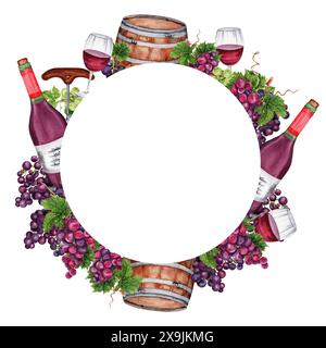 Cadre spatial de copie de vin rouge avec grappes de raisin, bouteilles, verres et tonneaux. Bordure circulaire pour votre texte. Illustration d'aquarelle dessinée à la main Banque D'Images