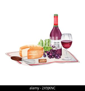 Vin rouge et raisins avec fromage sur une nappe. Composition pique-nique avec bouteille de vin, verre et liège. Illustration d'aquarelle dessinée à la main isolée Banque D'Images