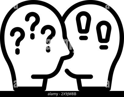 Graphique de deux têtes avec des formes d'ampoule représentant des points d'interrogation et d'exclamation pour des idées Illustration de Vecteur