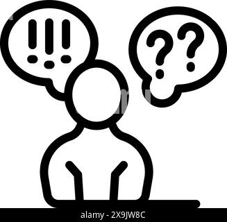 Image iconique d'une personne avec des bulles de parole contenant des points d'exclamation et d'interrogation, concept de requête et de surprise Illustration de Vecteur