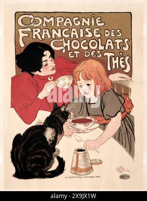 Affiche publicitaire vintage : 'Compagnie française des chocolats et des thés', la Société française du chocolat et des thés. Par Théophile Alexandre Steinlen, 1895 Banque D'Images