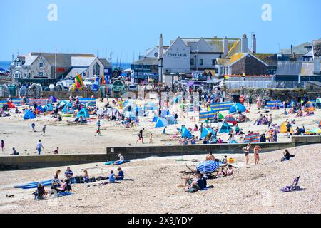 Lyme Regis, Dorset, Royaume-Uni. 1er juin 2024. Météo britannique : les familles, les vacanciers et les bains de soleil affluent à la plage de la station balnéaire de Lyme Regis pour profiter du temps chaud brûlant le premier jour de l'été. Crédit : Celia McMahon/Alamy Live News. Banque D'Images