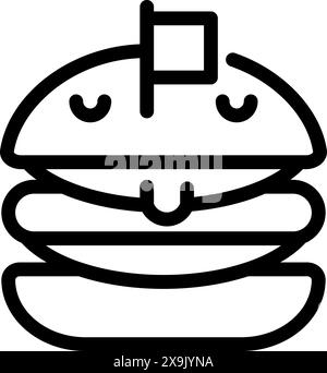 Illustration d'art de ligne noir et blanc d'un hamburger de bande dessinée joyeux avec un sourire et un drapeau Illustration de Vecteur