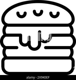 Illustration d'icône de hamburger de bande dessinée ludique et joyeuse en dessin au trait noir et blanc, avec un personnage de hamburger souriant et heureux, parfait pour les menus enfants et les conceptions de restauration rapide Illustration de Vecteur
