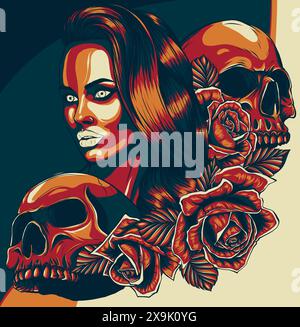 Illustration vectorielle de Dead Girl avec deux crânes. Illustration de Vecteur