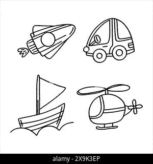 Ensemble de transport de doodle dans le style doodle dessiné par un enfant. Graphiques vectoriels de fusée, voiture, bateau, hélicoptère coloriage pages. Style des enfants au boo Illustration de Vecteur