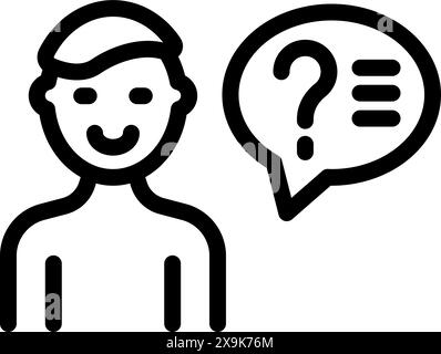 Icône en noir et blanc représentant une personne avec une bulle de discours en point d'interrogation, indiquant la curiosité ou l'interrogation Illustration de Vecteur