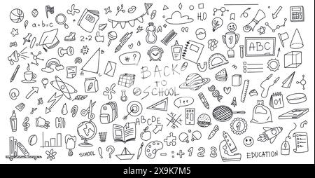 Retour à l'école doodle, ligne noire papeterie. Retour à l'école et concept des étudiants. Un grand ensemble de graphiques éducatifs pour les enfants et les adultes. Illustration de Vecteur