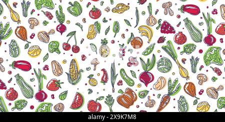 Légumes et fruits en couleur. Motif de doodle dessiné à la main sans couture sur fond sombre. Illustration pour fond, carte, affiche, bannière, prin textile Illustration de Vecteur