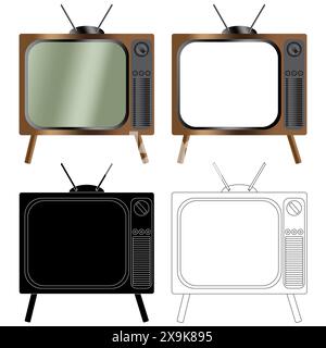 Rétro TV avec un boitier en bois, téléviseur Vintage en couleur, couleur avec écran knockout pour ajouter vos propres images, Noir avec contour blanc Illustration de Vecteur