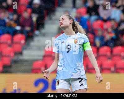 Prague, Tchéquie. 31 mai 2024. Tessa Wullaert (9 ans) de Belgique frustrée lors d'un match opposant les équipes nationales de Tchéquie et de Belgique, appelé les Red Flames, lors du troisième jour de match du Groupe A2 dans la phase de championnat des qualifications européennes féminines de l'UEFA 2023-24, le vendredi 31 mai 2024 à Prague, en Tchéquie. Crédit : Sportpix/Alamy Live News Banque D'Images