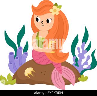 Sirène vectorielle de conte de fées assise sur un rocher, peignant ses cheveux. Fille de poisson fantaisie isolé sur fond blanc. Princesse marine de conte de fées. Char sirène mignonne Illustration de Vecteur