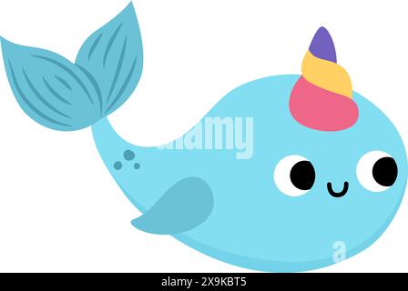 Vecteur heureux narval licorne. Animal aquatique fantastique avec corne arc-en-ciel. Personnage de conte de fées ou de sirène pour les enfants. Icône de créature magique de dessin animé isolé sur Illustration de Vecteur