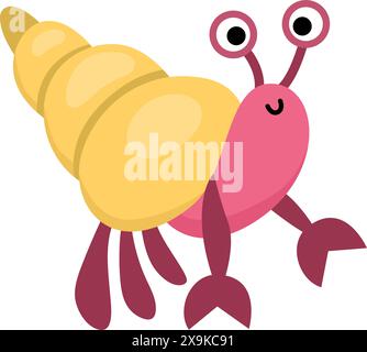 Vecteur crabe ermite avec icône de coquille. Sous l'illustration de la mer avec animal rigolo mignon de l'océan. Dessin animé clipart sous-marin, marin ou sirène pour childre Illustration de Vecteur