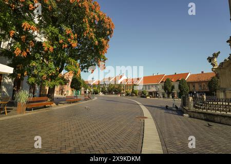 Sopron vue panoramique sur la rue Várkerület, une rue principale de Sopron, Hongrie avec des places bordées de briques, une fontaine, des restaurants en plein air et des cafés. Banque D'Images