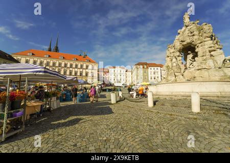 Panorama de Brno paysage urbain, les gens faisant du shopping et mangeant sur la place du marché des agriculteurs (légumes, place du marché des choux) le jour ensoleillé dans la vieille ville de Brno, en Tchéquie Banque D'Images