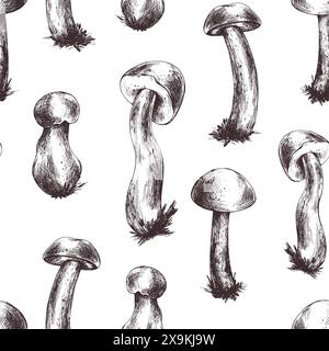 Champignons boletus comestibles forestiers avec des chapeaux bruns. Illustration graphique, dessinée à la main à l'encre brune, dessin au trait monochrome. Modèle sans couture, simple sur le Illustration de Vecteur