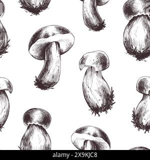 Champignons boletus comestibles forestiers avec des chapeaux bruns. Illustration graphique, dessinée à la main à l'encre brune, dessin au trait monochrome. Modèle sans couture, simple sur le Illustration de Vecteur