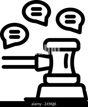 Dessin au trait noir et blanc d'un marteau avec des bulles de discours, représentant une vente aux enchères ou une décision légale Illustration de Vecteur