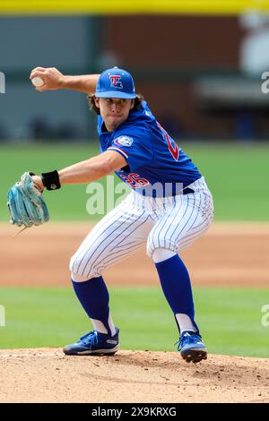 1er juin 2024 : le lanceur Bulldogs Blake Hooks #26 en action sur le monticule. Kansas State a battu Louisiana Tech 19-4 dans un match retardé par temps à Fayetteville, AR. Richey Miller/CSM Banque D'Images