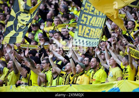 Londres, Royaume-Uni. 01 juin 2024. Les fans de Dortmund encouragent le match de football de la finale de la Ligue des Champions 2023/2024 entre le Borussia Dortmund et le Real Madri CF au stade de Wembley à Londres (Angleterre), le 1er juin 2024. Crédit : Insidefoto di andrea staccioli/Alamy Live News Banque D'Images
