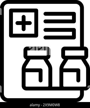 Icône de contour noir représentant un formulaire d'ordonnance médicale et deux flacons de médicament Illustration de Vecteur