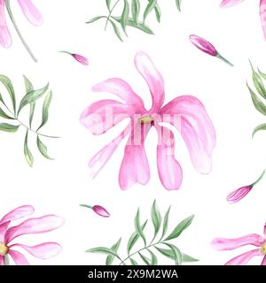Fleurs à pétales roses et verdure. Modèle sans couture de plantes printanières délicates. Feuilles vertes et fleur de magnolia inhabituelle. Banque D'Images