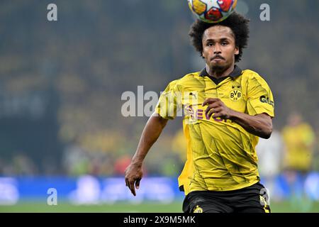 Londres, Royaume-Uni. 01 juin 2024. Karim Adeyemi (27 ans) de Dortmund photographié en action lors d'un match de football entre le Borussia Dortmund allemand et le Real Madrid CF espagnol lors de la finale de l'UEFA Champions League de la saison 2023-24, le samedi 1er juin 2024 à Londres, Royaume-Uni . Crédit : Sportpix/Alamy Live News Banque D'Images