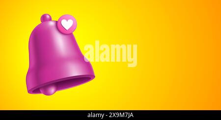 Une cloche de notification rose avec une icône de coeur sur un fond jaune vif, illustration de bannière vectorielle. Illustration de Vecteur