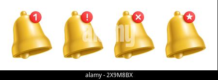 Ensemble vectoriel de cloches jaunes avec différents symboles de notification rouges, y compris le numéro un, le point d'exclamation, la croix et l'étoile, isolé sur fond blanc. Illustration de Vecteur
