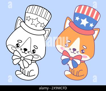 Chat patriotique avec arc et chapeau aux couleurs du drapeau américain. Ensemble de dessins colorés et de contours. Jour de l'indépendance. Animal de compagnie isolé de Cartoon kawaii. Vecteur i Illustration de Vecteur